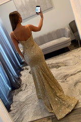 Gold Sparkly Mermaid Prom Dress with Spaghetti Straps and Corset Bodice