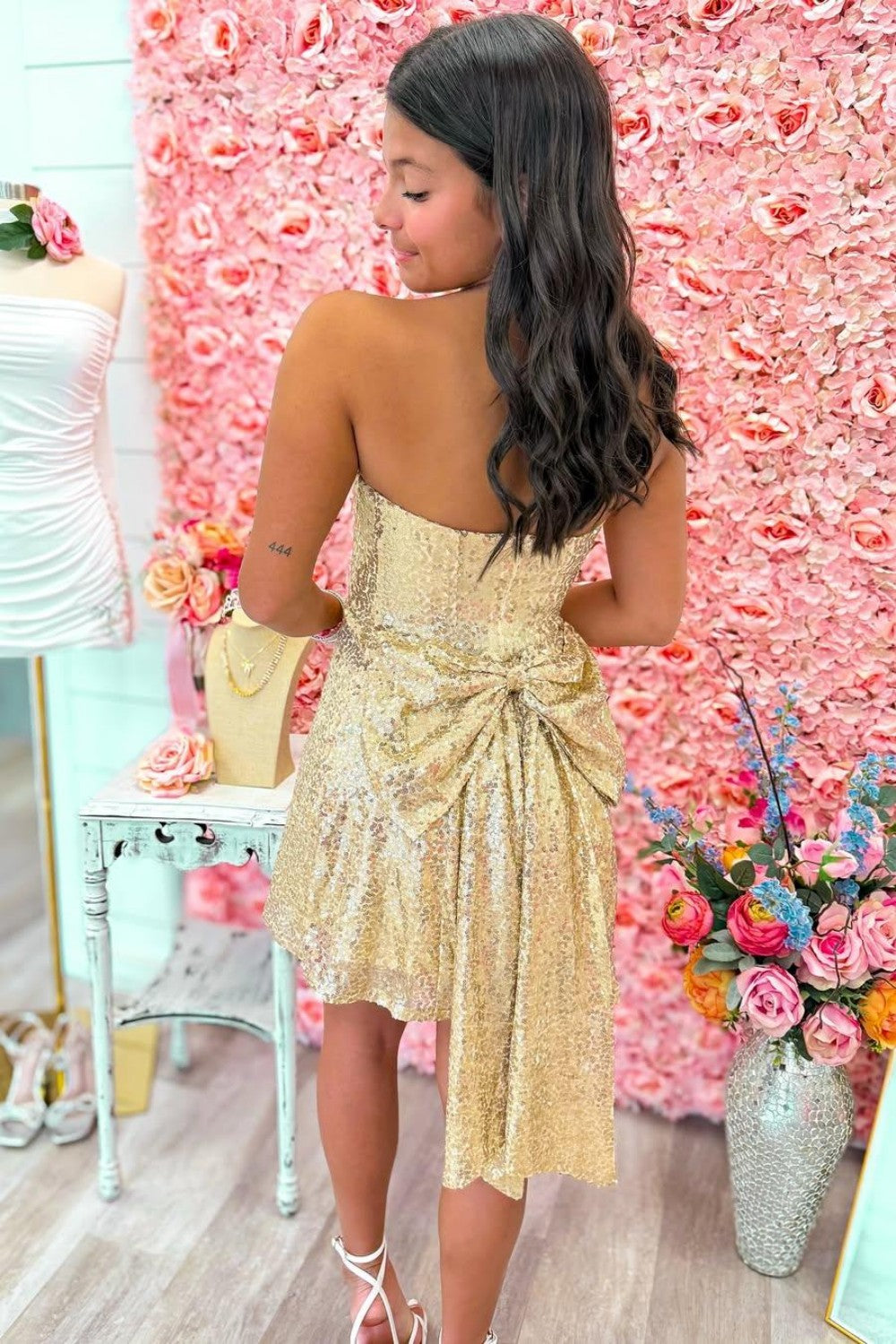 Gold Strapless Sequin Mini Homecoming Dress with Back Bow Detail