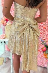 Gold Strapless Sequin Mini Homecoming Dress with Back Bow Detail