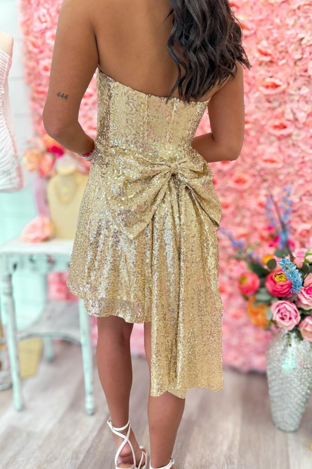 Gold Strapless Sequin Mini Homecoming Dress with Back Bow Detail