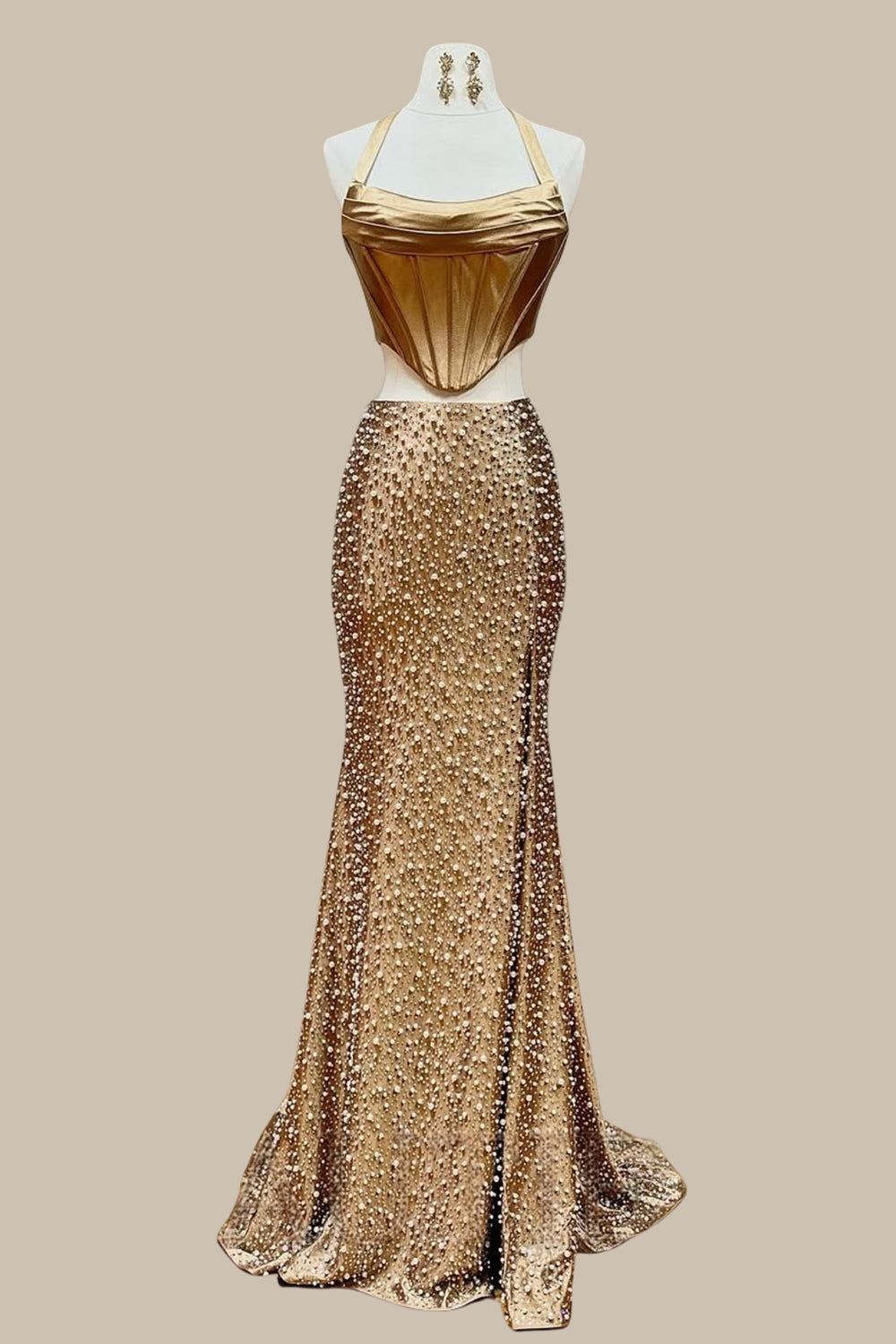 Two Piece Gold Prom Dress with a Halter Neck Satin Top and Pearl Mermaid Silhouette Skirt