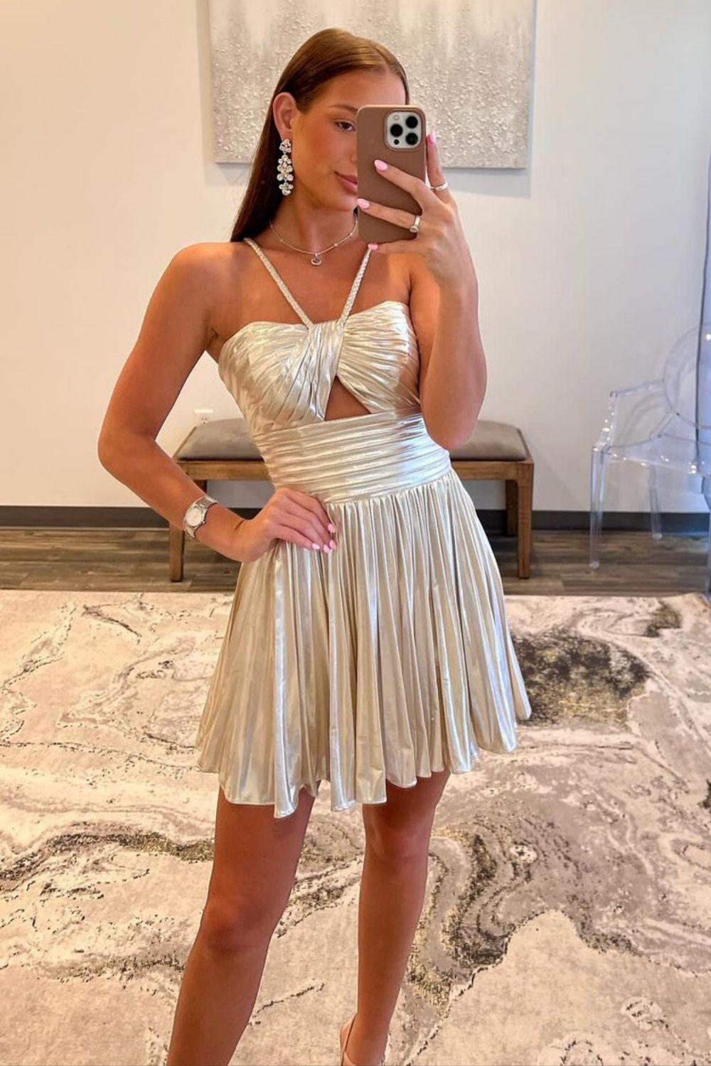 Gold Metallic A-Line Mini Dress with Halter Neck Cut Homecoming Dress