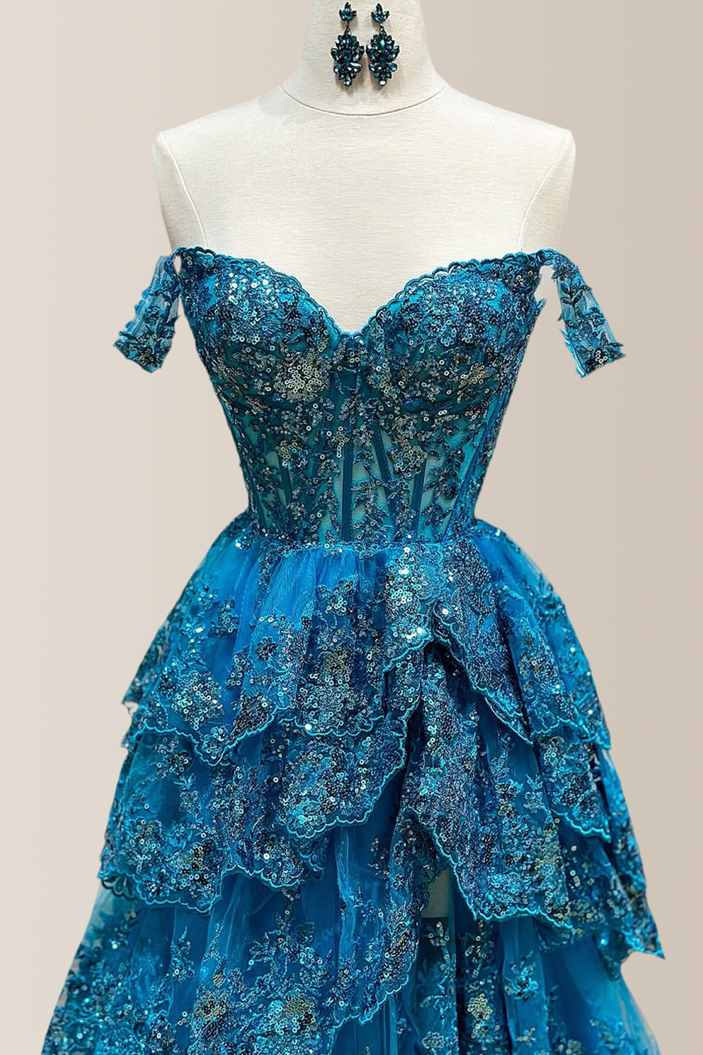 Gorgeous A-Line Off The Shoulder Long Tiered Prom Dress with Sequined Appliques
