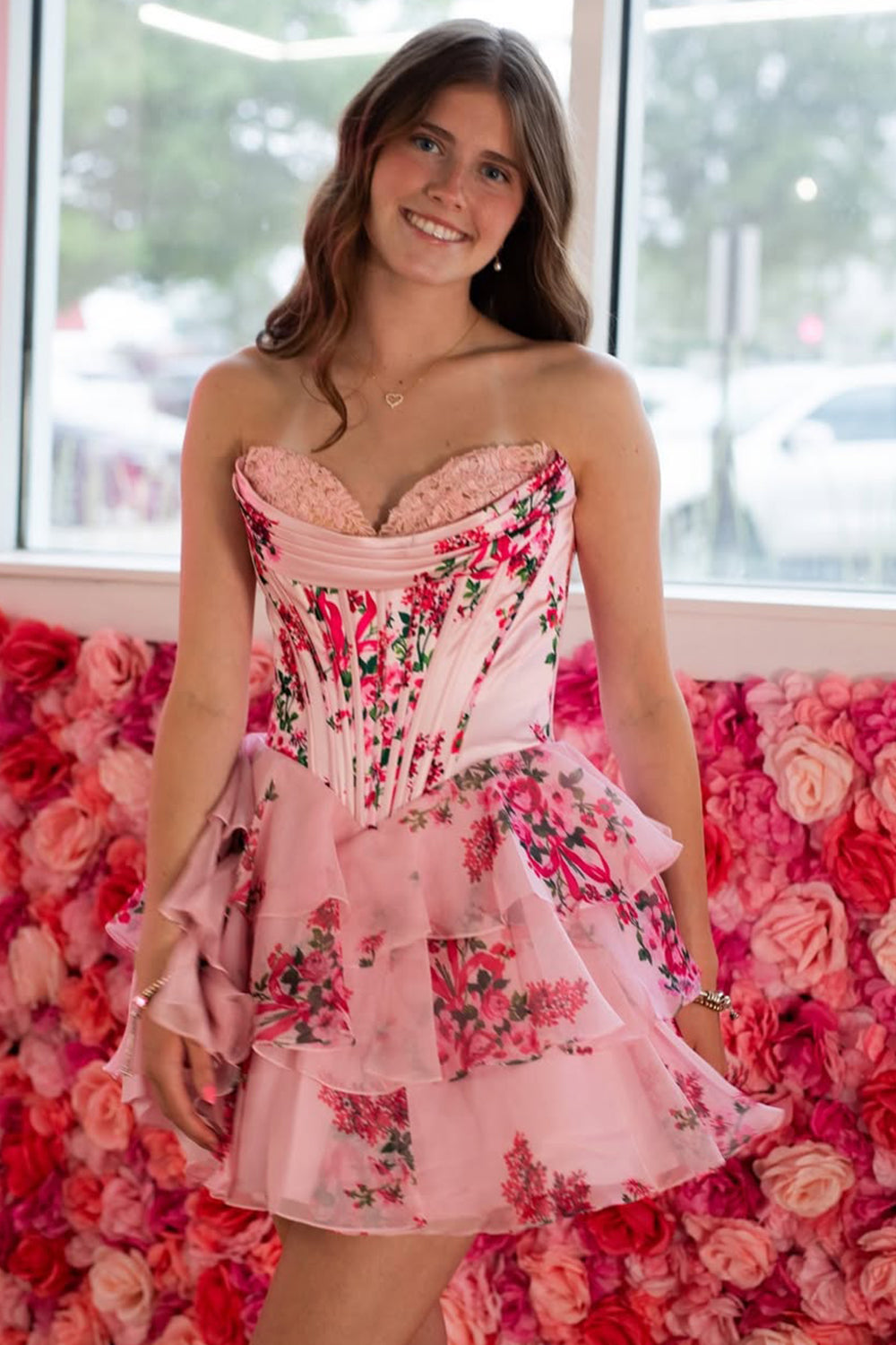 Furlla Women Floral A-Line Sweetheart Corset Homecoming Dress with Layered Skirt Furlla Official Furlla Women Floral A-Line Sweetheart Corset Homecoming Dress with Layered Skirt Furlla Official