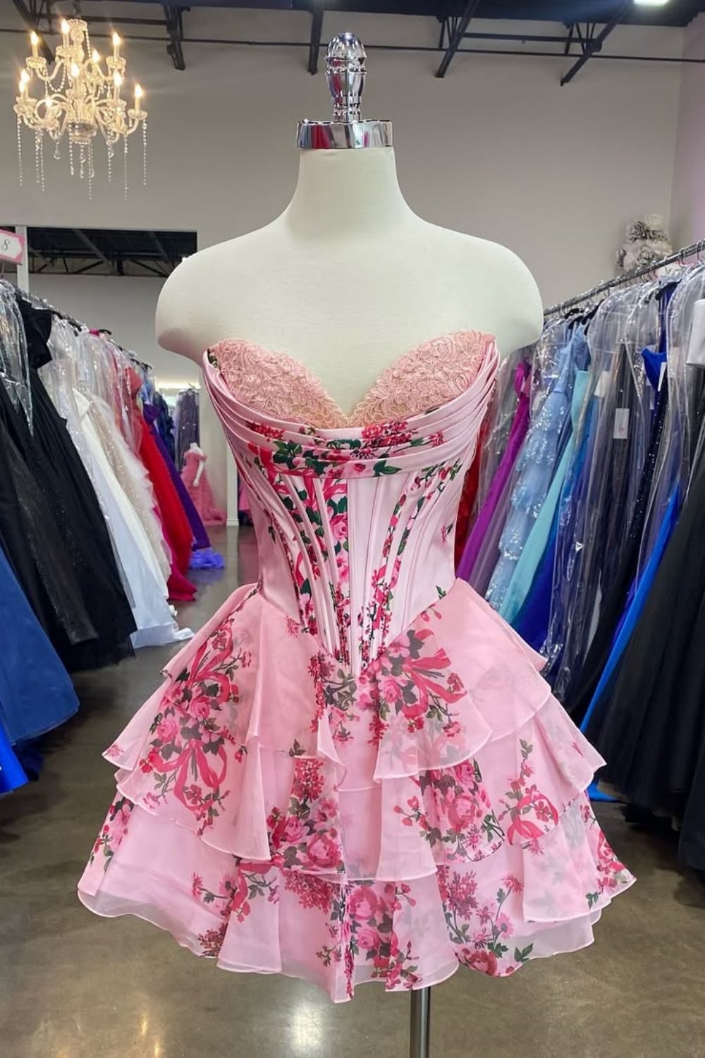 A-Line Sweetheart Floral Print Layered Short Homecoming Dress