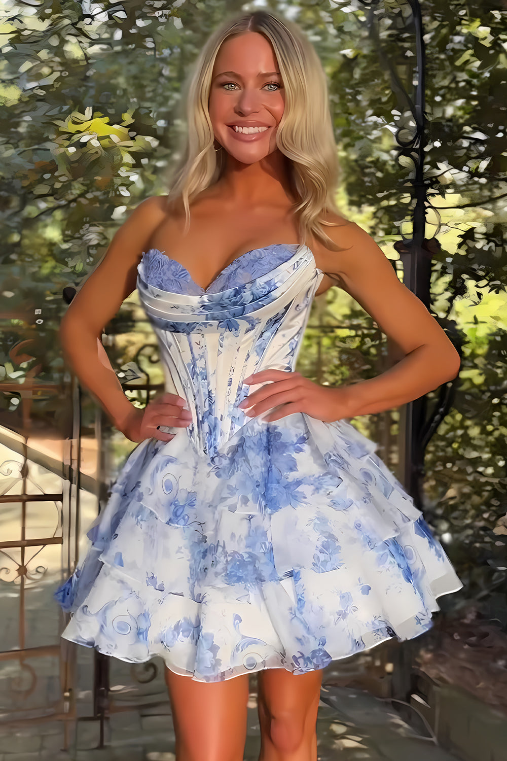 A-Line Sweetheart Floral Print Layered Short Homecoming Dress