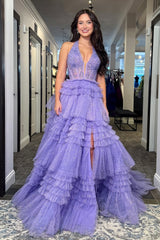 Gorgeous A Line Halter Neck Lilac Tulle Long Prom Dress with Ruffles