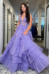 Gorgeous A Line Halter Neck Lilac Tulle Long Prom Dress with Ruffles