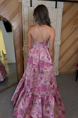 Gorgeous A Line Sweetheart Pink Corset Prom Dress with Printed
