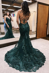 Gorgeous Dark Green Spaghetti Straps Mermaid Prom Dress with 3D Appliques