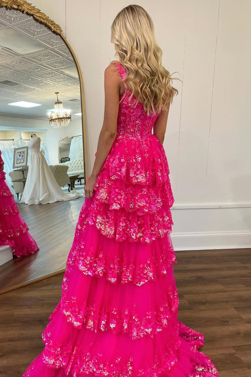 Gorgeous Off The Shoulder A Line Sequin Prom Dress with Glitter Finish Tiered Layers and Slit