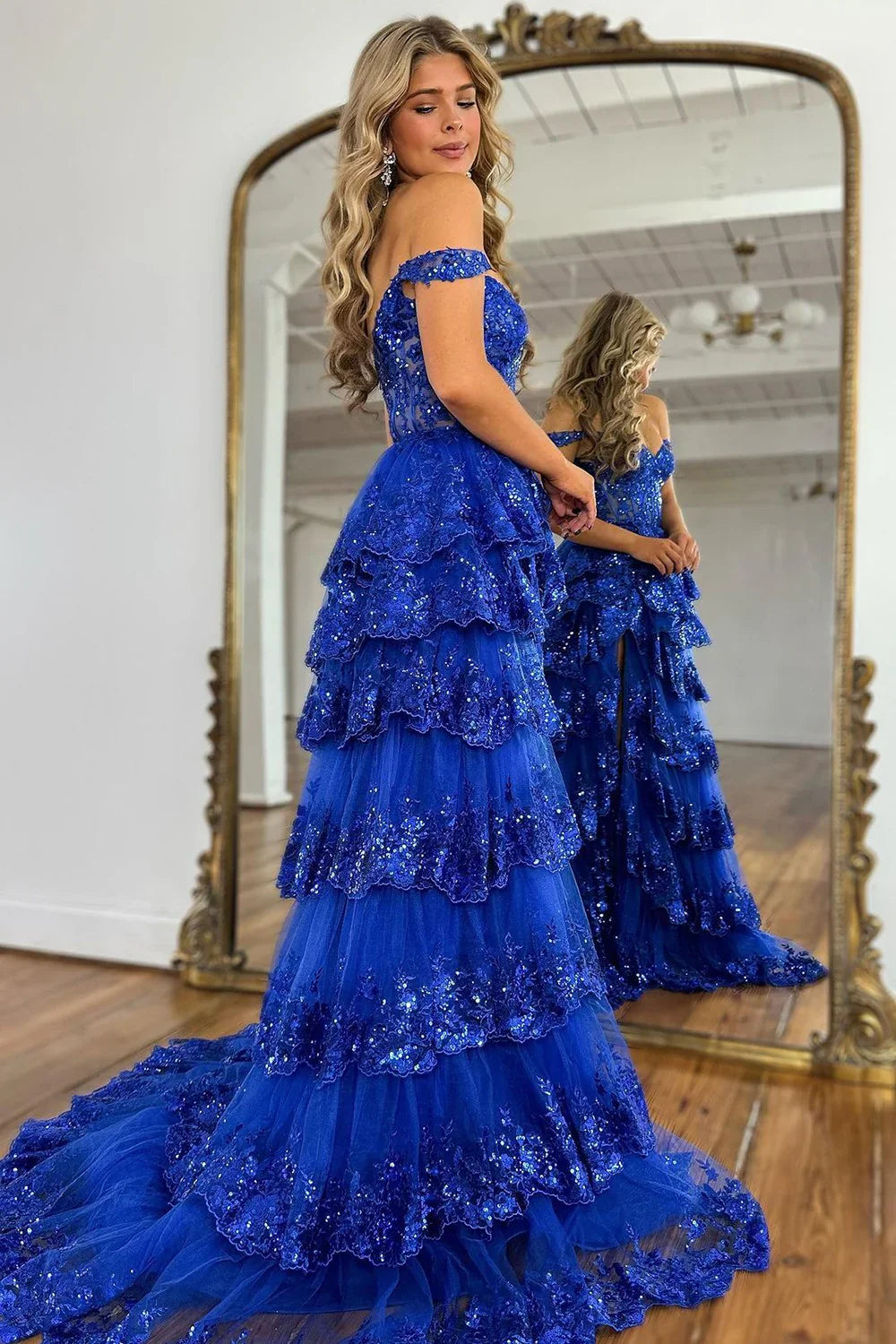 Gorgeous Off The Shoulder A Line Sequin Prom Dress with Glitter Finish Tiered Layers and Slit