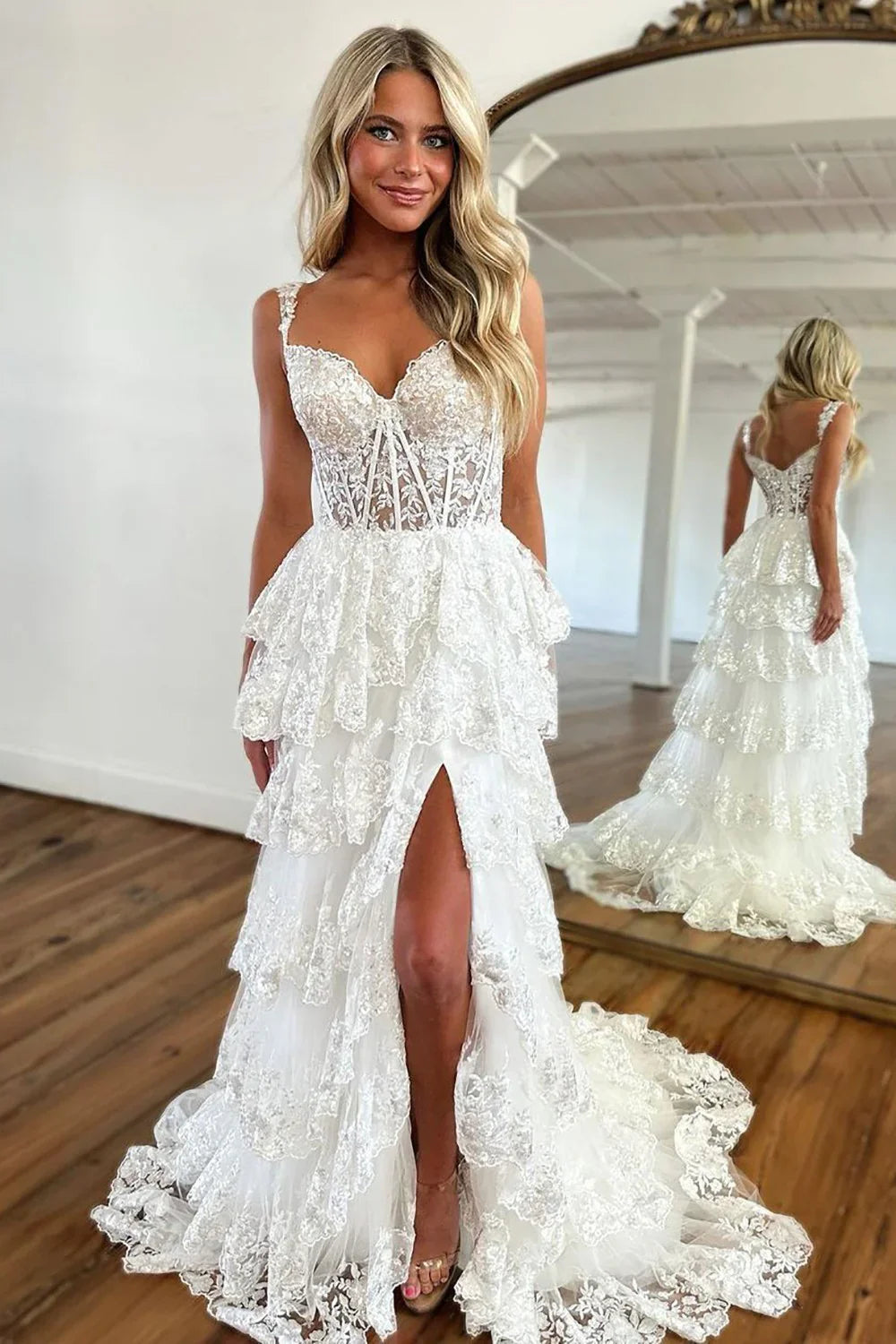 Lilac A-Line Floral Lace Corset High-Low Tiered Sequin Prom Dress with Slit