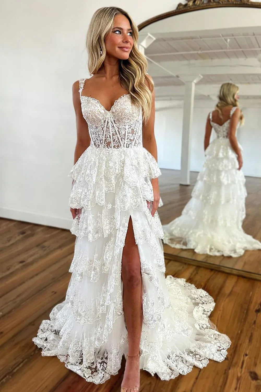 Gorgeous Off The Shoulder A Line Sequin Prom Dress with Glitter Finish Tiered Layers and Slit