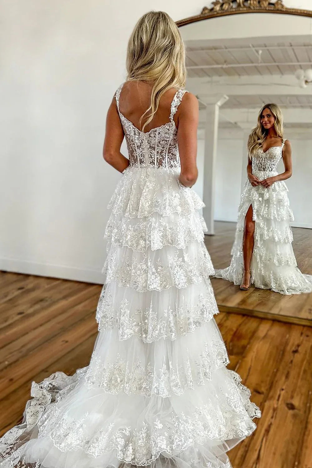 Gorgeous Off The Shoulder A Line Sequin Prom Dress with Glitter Finish Tiered Layers and Slit