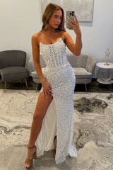 Gorgeous Luxury White Pearls Strapless Mermaid Prom Dress with Slit