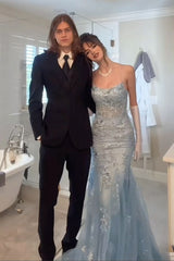 Gorgeous Mermaid Spaghetti Straps Grey Blue Long Prom Dress with Appliques