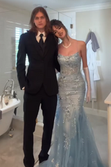 Gorgeous Mermaid Spaghetti Straps Grey Blue Long Prom Dress with Appliques