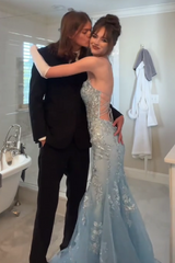 Gorgeous Mermaid Spaghetti Straps Grey Blue Long Prom Dress with Appliques