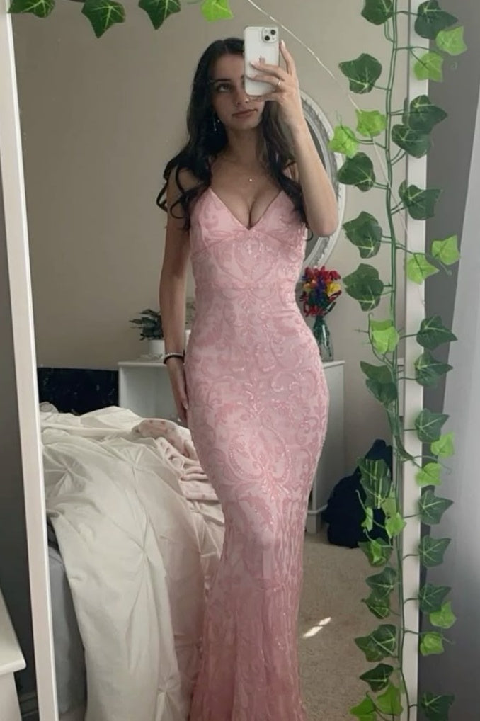 Gorgeous Mermaid Spaghetti Straps Light Pink Long Prom Dress with Embroidery