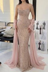 Gorgeous Mermaid Strapless Light Pink Long Prom Dress with Beading