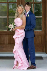 Gorgeous Mermaid Strapless Pink Long Prom Dress with Split Front Ruched