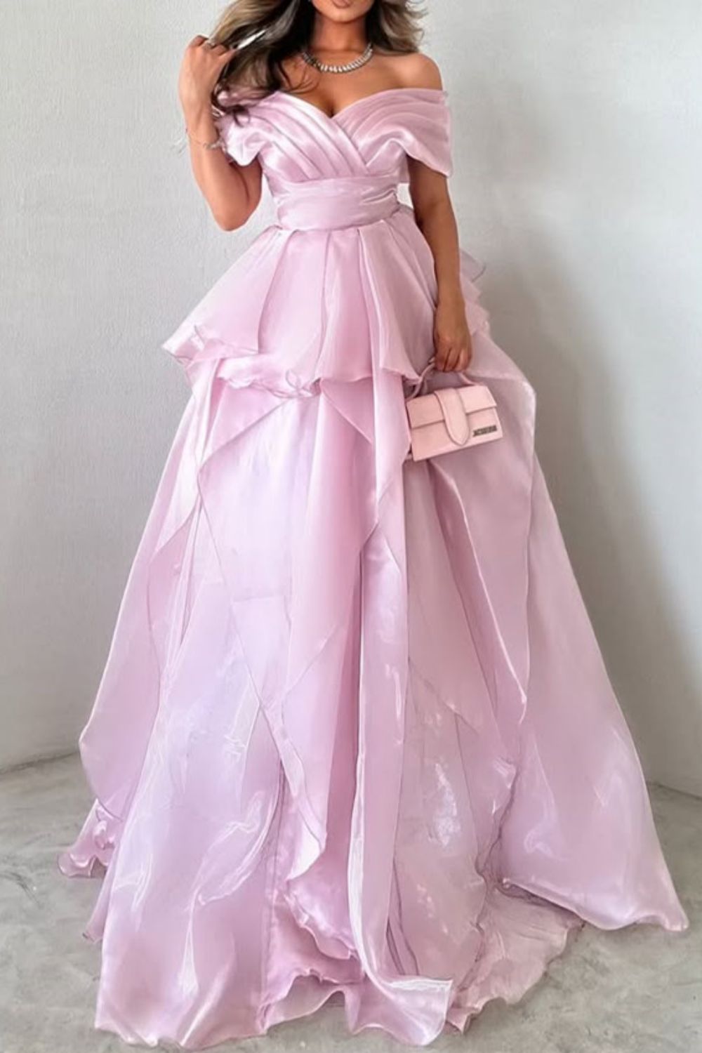 Gorgeous Pink Off-the-Shoulder Ruffled Layered Ball Gown Prom Dress