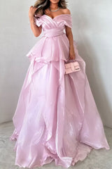 Gorgeous Pink Off-the-Shoulder Ruffled Layered Ball Gown Prom Dress