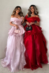 Gorgeous Pink Off-the-Shoulder Ruffled Layered Ball Gown Prom Dress