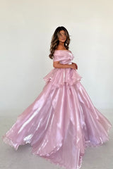 Gorgeous Pink Off-the-Shoulder Ruffled Layered Ball Gown Prom Dress