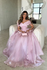 Gorgeous Pink Off-the-Shoulder Ruffled Layered Ball Gown Prom Dress