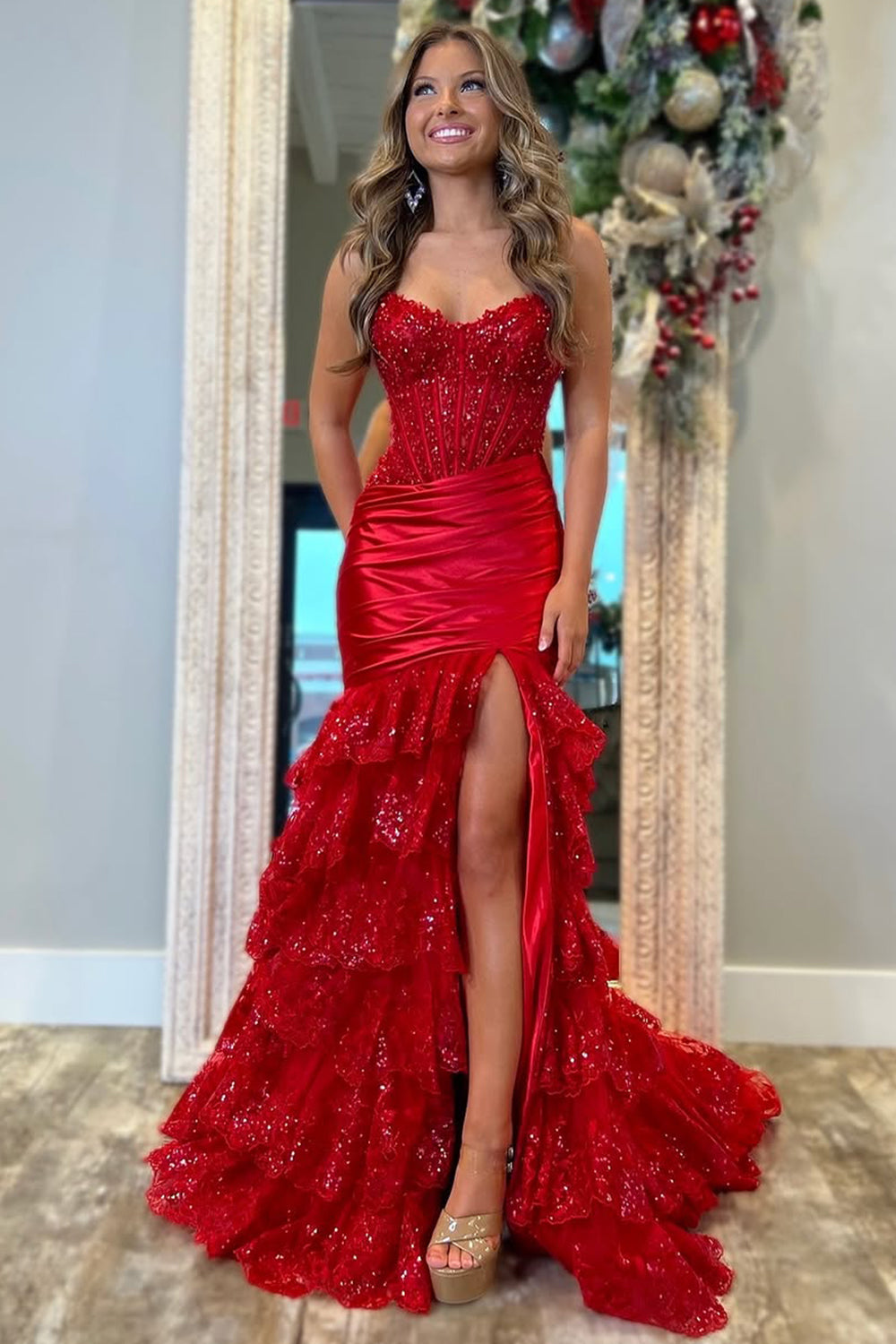 Furlla Women Stunning Satin Mermaid Prom Dress with Strapless Design ...