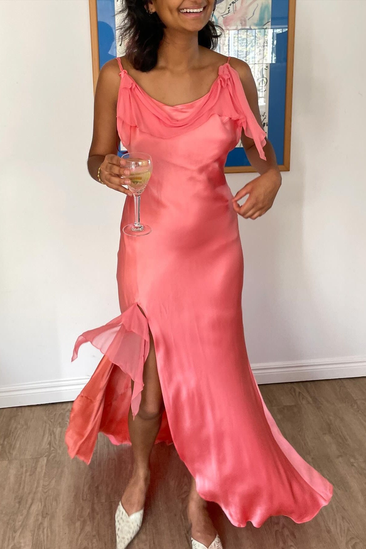 Gorgeous Sheath Spaghetti Straps Coral Long Party Dress with Split Front