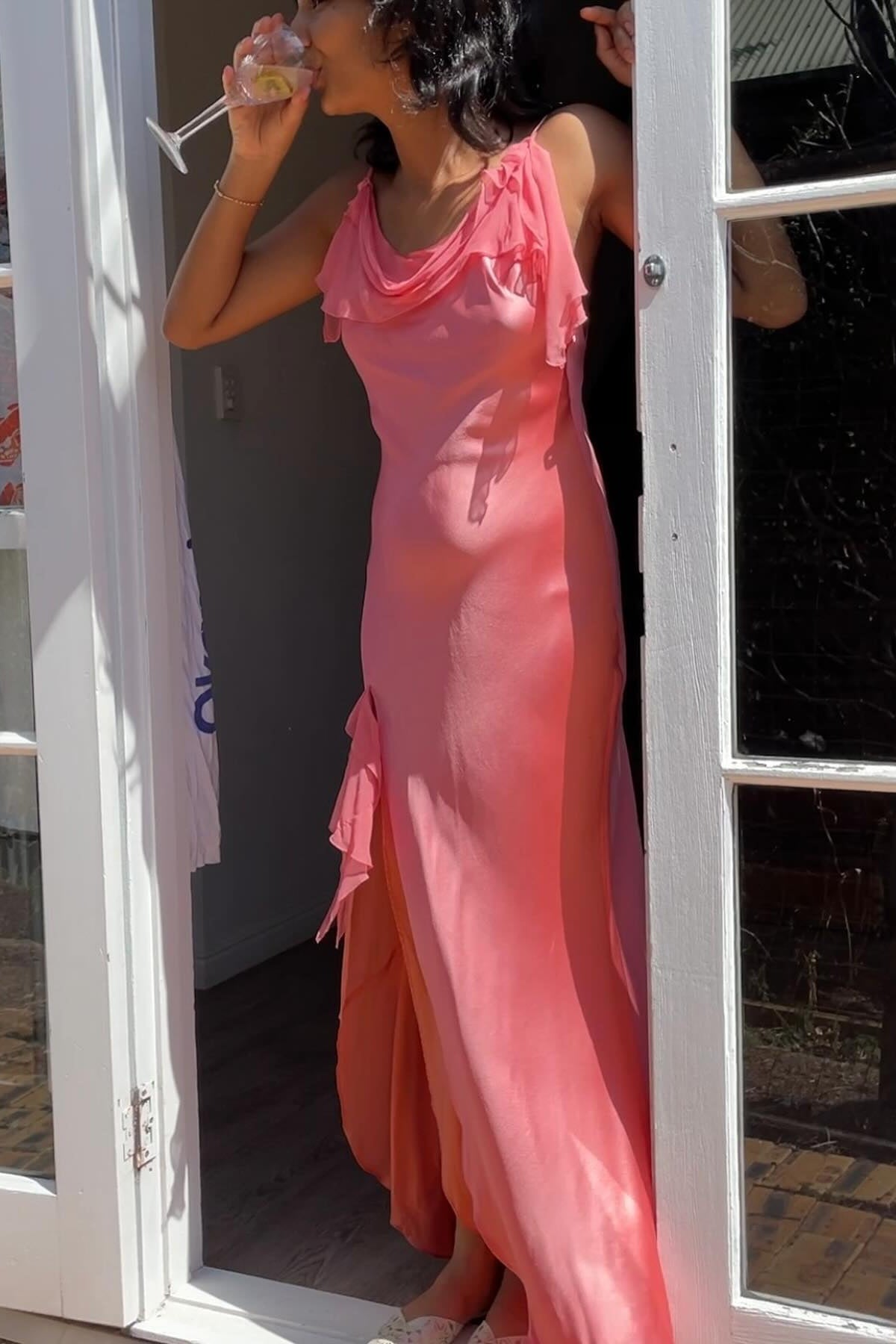 Gorgeous Sheath Spaghetti Straps Coral Long Party Dress with Split Front