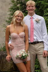Light Pink Bodycon Homecoming Dress with Pearl Beaded Corset Bodice