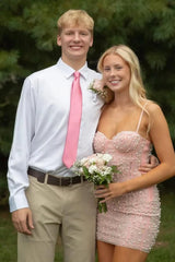 Light Pink Bodycon Homecoming Dress with Pearl Beaded Corset Bodice
