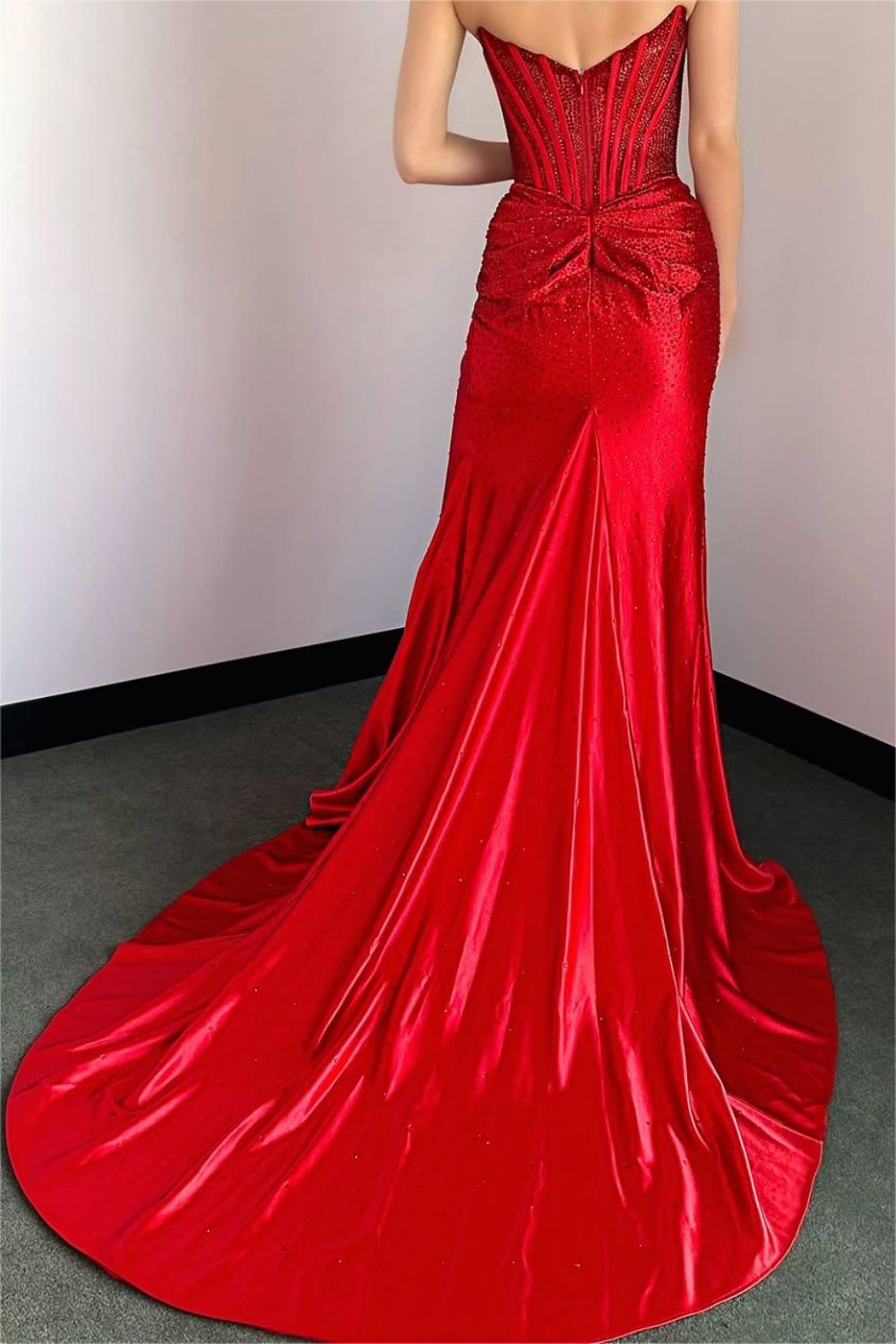 Gorgeous Sparkly Mermaid Strapless Long Beaded Prom Dress with Leg Slit