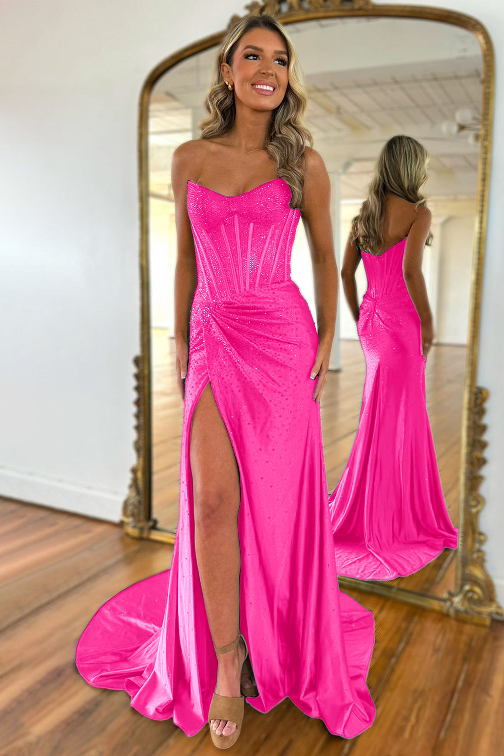 Gorgeous Sparkly Mermaid Strapless Long Beaded Prom Dress with Leg Slit