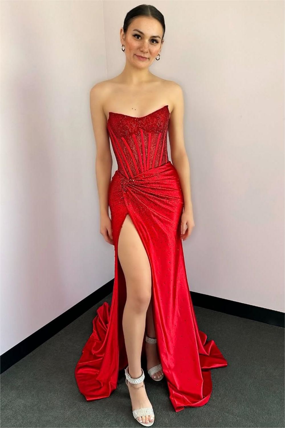 Gorgeous Sparkly Mermaid Strapless Long Beaded Prom Dress with Leg Slit