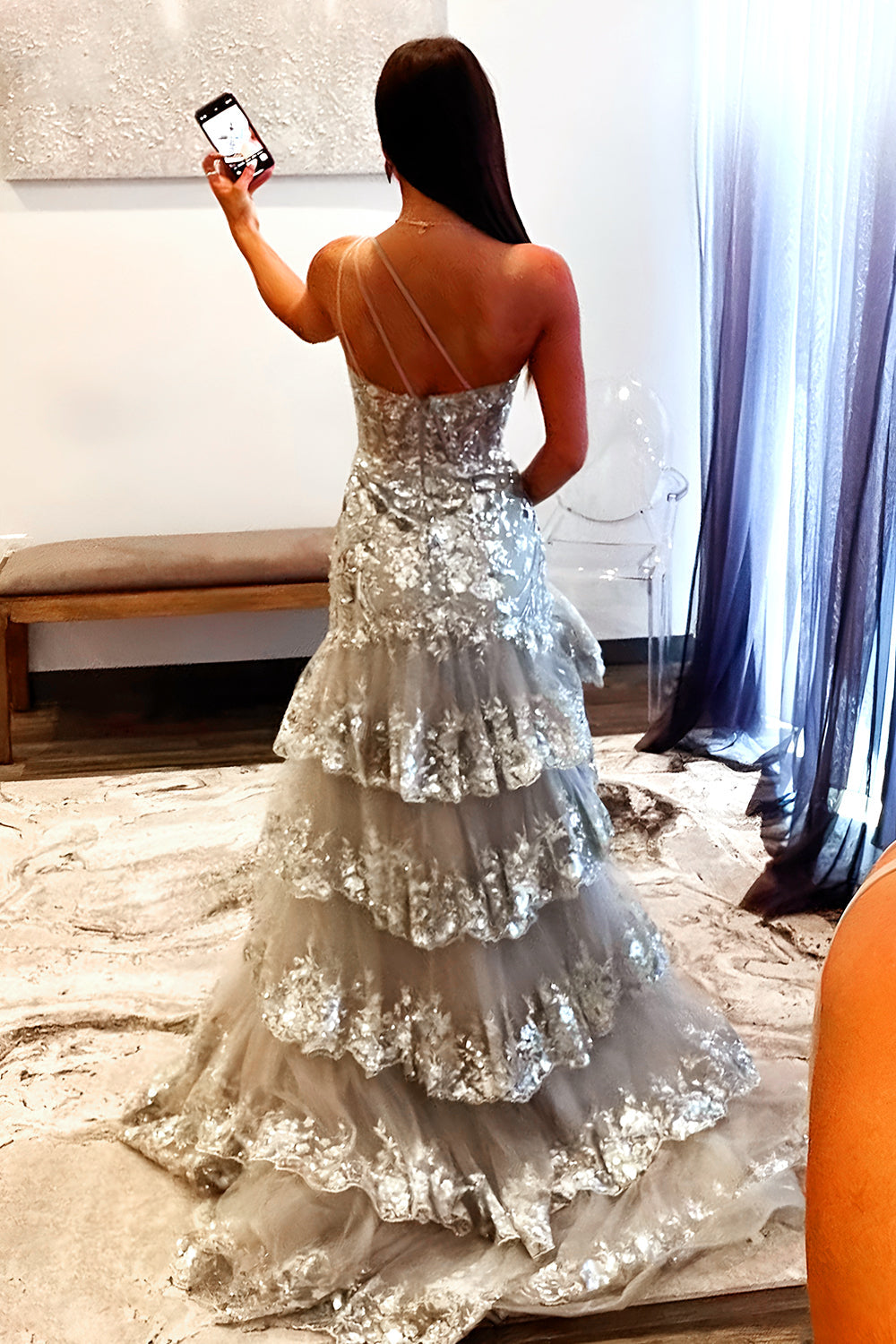 Furlla Women Gorgeous Grey Sequin Prom Dress with One Shoulder Design Long Ruffle Skirt and Sparkle Finish Furlla Official Furlla Women Gorgeous Grey Sequin Prom Dress with One Shoulder Design Long Ruffle Skirt and Sparkle Finish Furlla Official