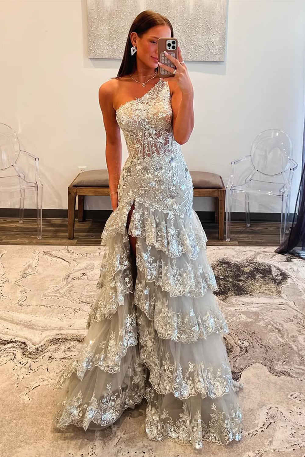 Furlla Women Gorgeous Grey Sequin Prom Dress with One Shoulder Design Long Ruffle Skirt and Sparkle Finish Furlla Official Furlla Women Gorgeous Grey Sequin Prom Dress with One Shoulder Design Long Ruffle Skirt and Sparkle Finish Furlla Official