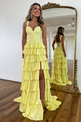 Yellow A Line Sparkly Prom Dress with Lace Up Back Tiered Skirt and Leg Slit