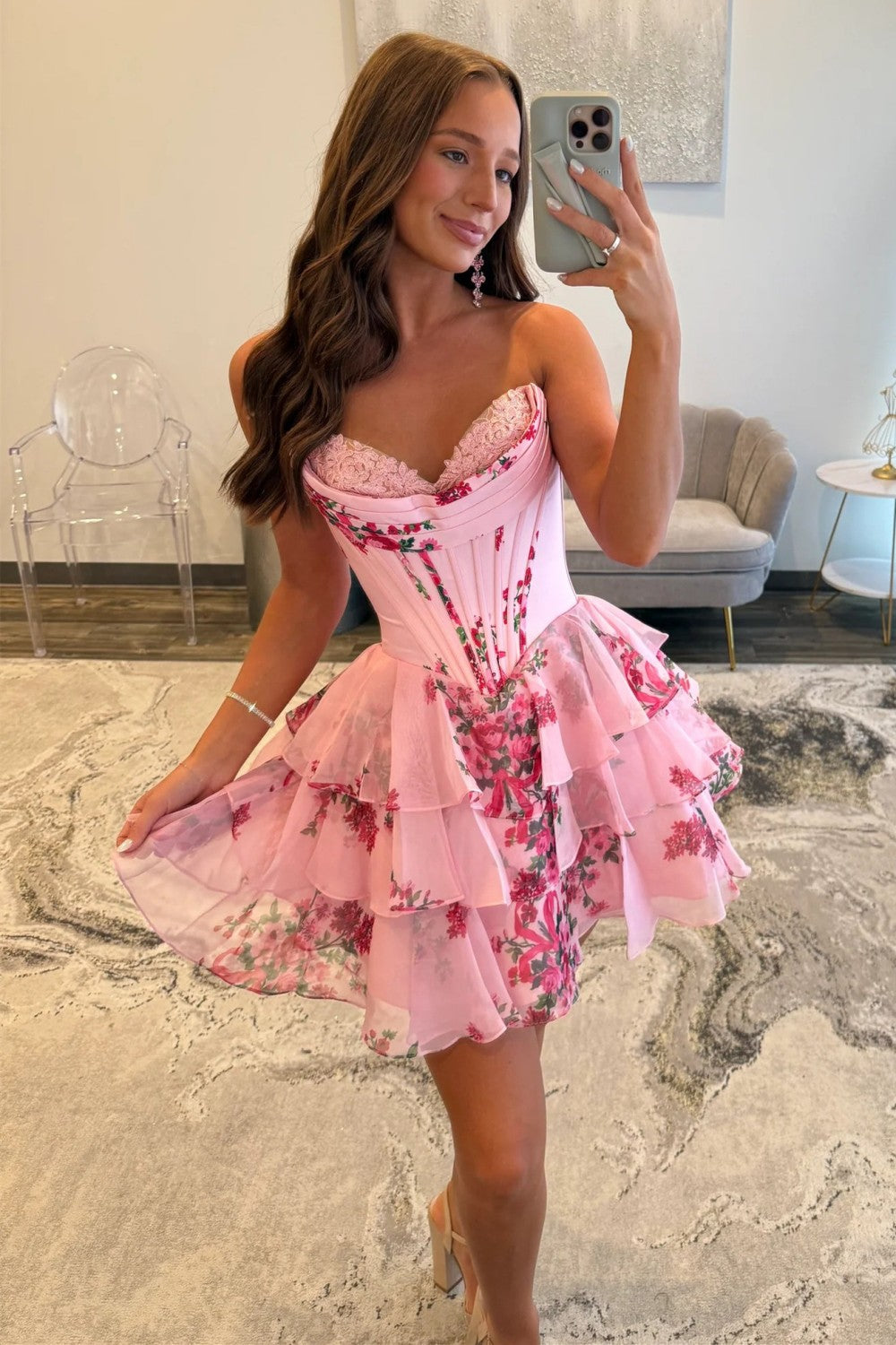 A-Line Sweetheart Floral Print Layered Short Homecoming Dress