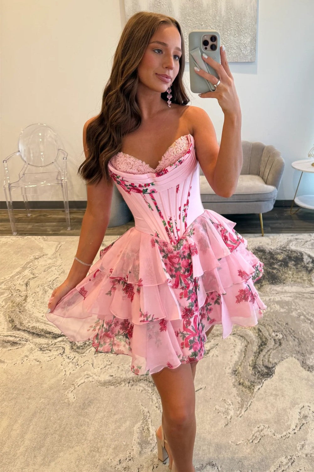 A-Line Sweetheart Floral Print Layered Short Homecoming Dress
