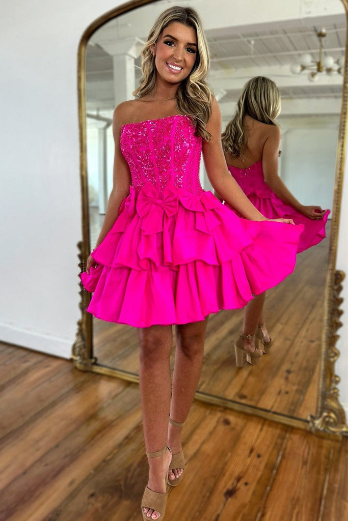 Furlla Women Hot Pink Short Satin Homecoming Dress with A Line Silhouette  Strapless Neckline and Beads – Furlla Official