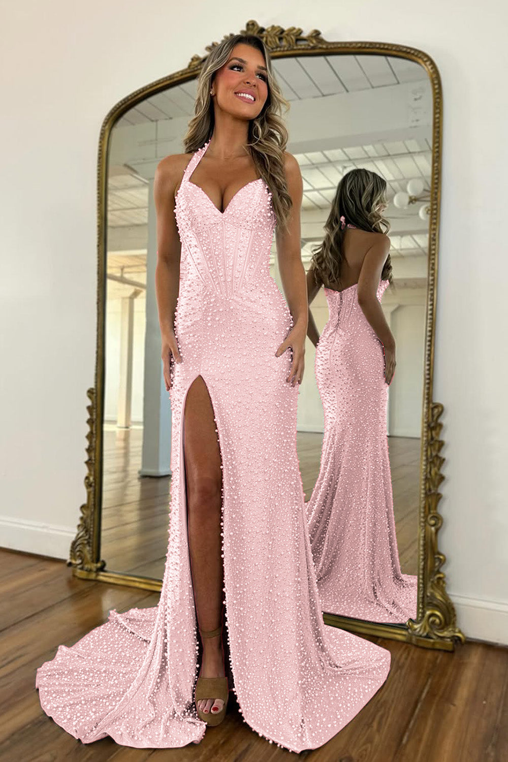 Furlla Women Gorgeous Light Blue Beaded Halter Mermaid Prom Dress With Pearls and Slit Furlla Official Furlla Women Gorgeous Light Blue Beaded Halter Mermaid Prom Dress With Pearls and Slit Furlla Official