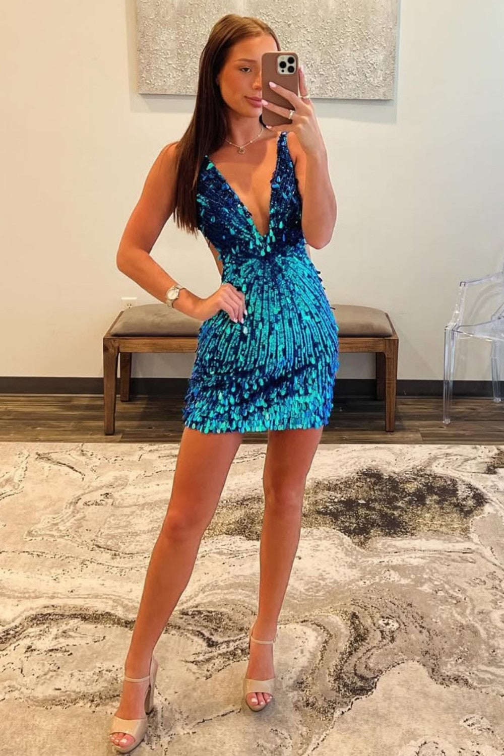 Gorgeous Sparkly Deep V-Neck Sequin Mini Tight Homecoming Dress