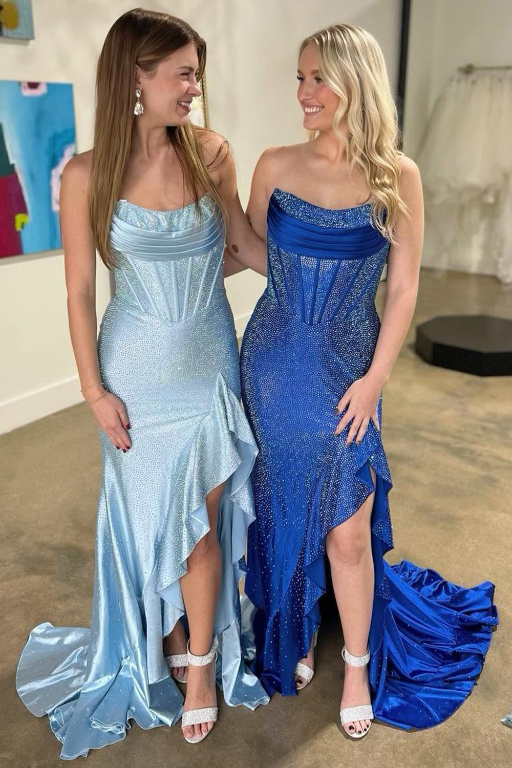 Light Blue Strapless Mermaid Prom Dress with Lace Up Back Beaded Details and Leg Slit