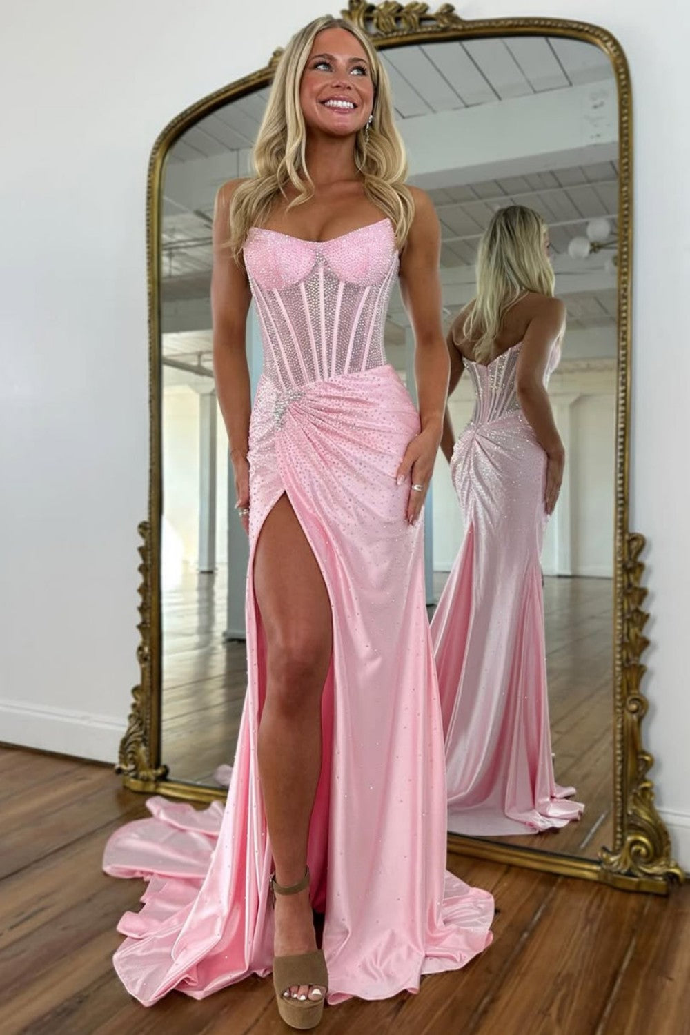 Blush Pink Corset Long Beaded Prom Dress with Rhinestone Details