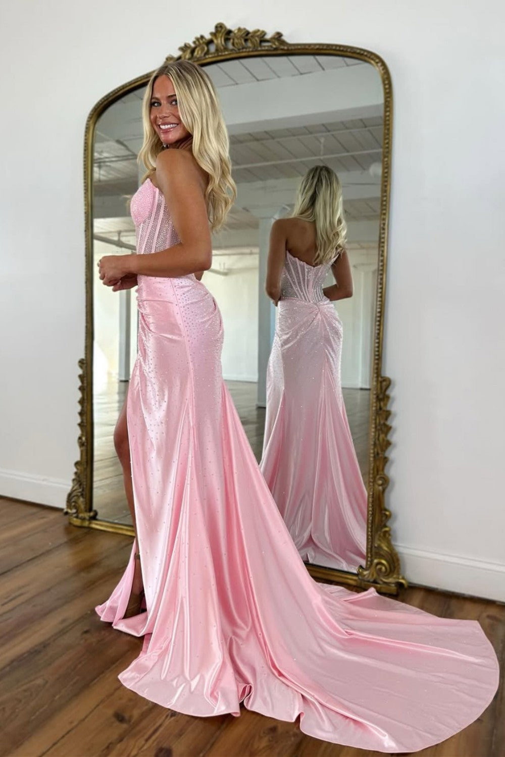 blush pink corset maxi dress Light Pink Sequin Evening Dress with Corset Bodice Sparkly Maxi Dres WonderlandByLilian